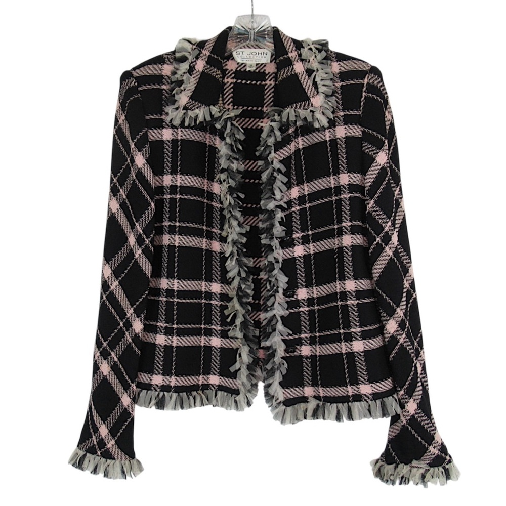 ST. JOHN Santana Knit Pink & Black Plaid Mesh-Fringe Trim Jacket Blazer Size 10 - Picture 5 of 15
